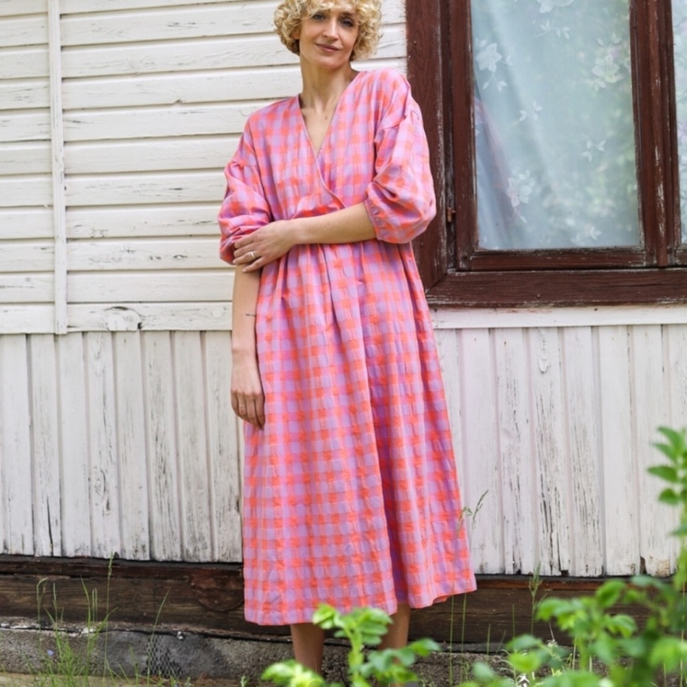 OffOn Clothing Seersucker Checks Dropped Shoulder Dress Cottagecore Size S-XL